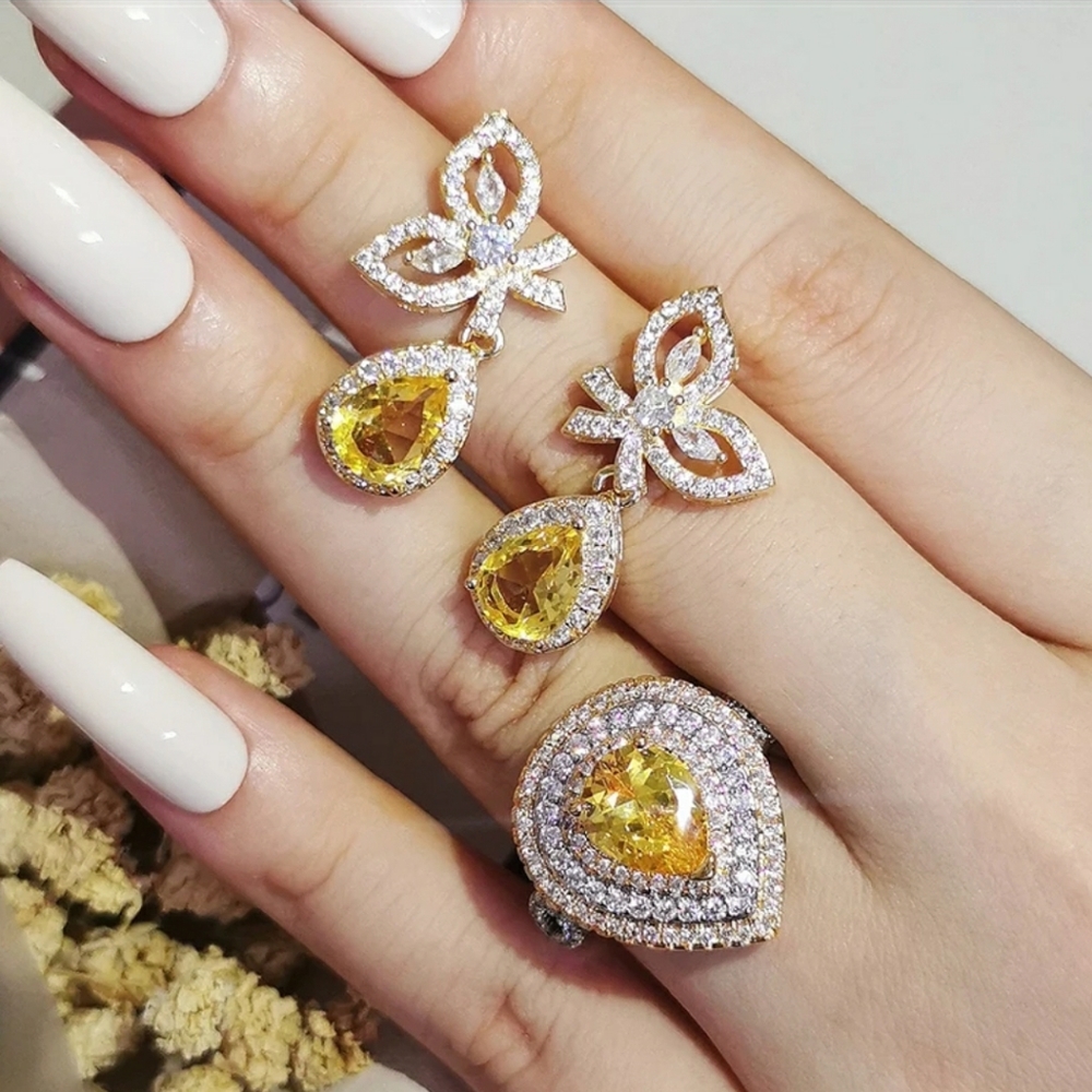 FINAL SALE Luxury 925 Silver Yellow & White Sapphire Earrings & Ring